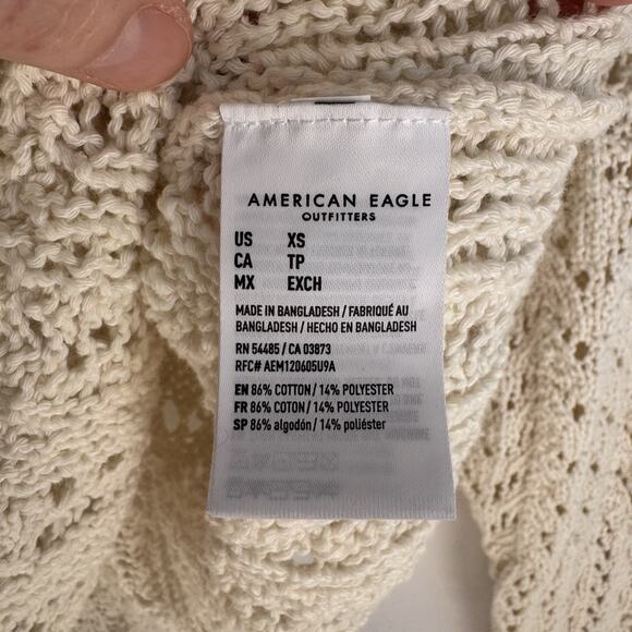 American Eagle Women’s XS Lace Up Collared Crochet Open Knit Cream Sweater Boho - Picture 7 of 10